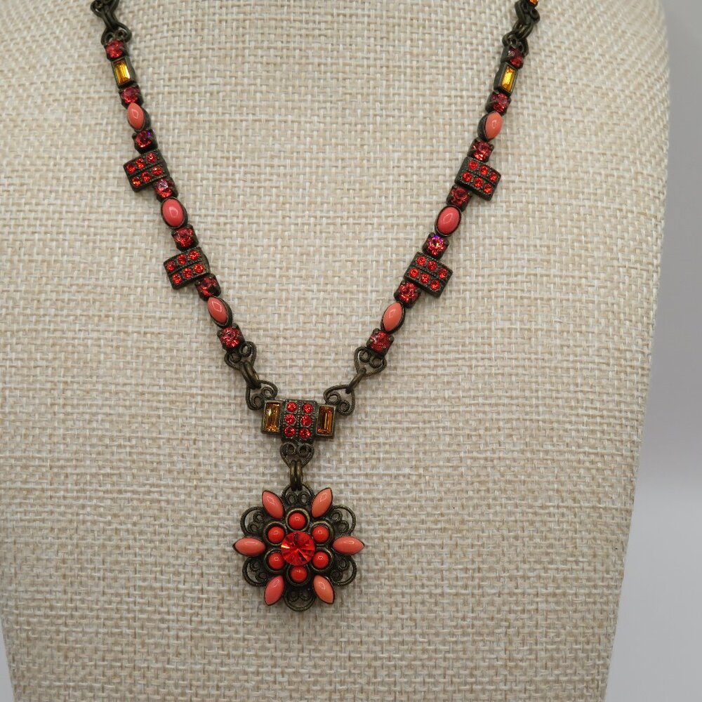 VIntage Mary DeMarco Necklace Copper Tone Orange Beads Rhinestones